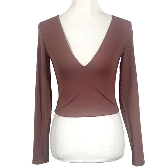 Babaton Aritzia Contour Top Womens M Rosy Brown Deep V Plunge Long Sleeve Fitted - Picture 1 of 8
